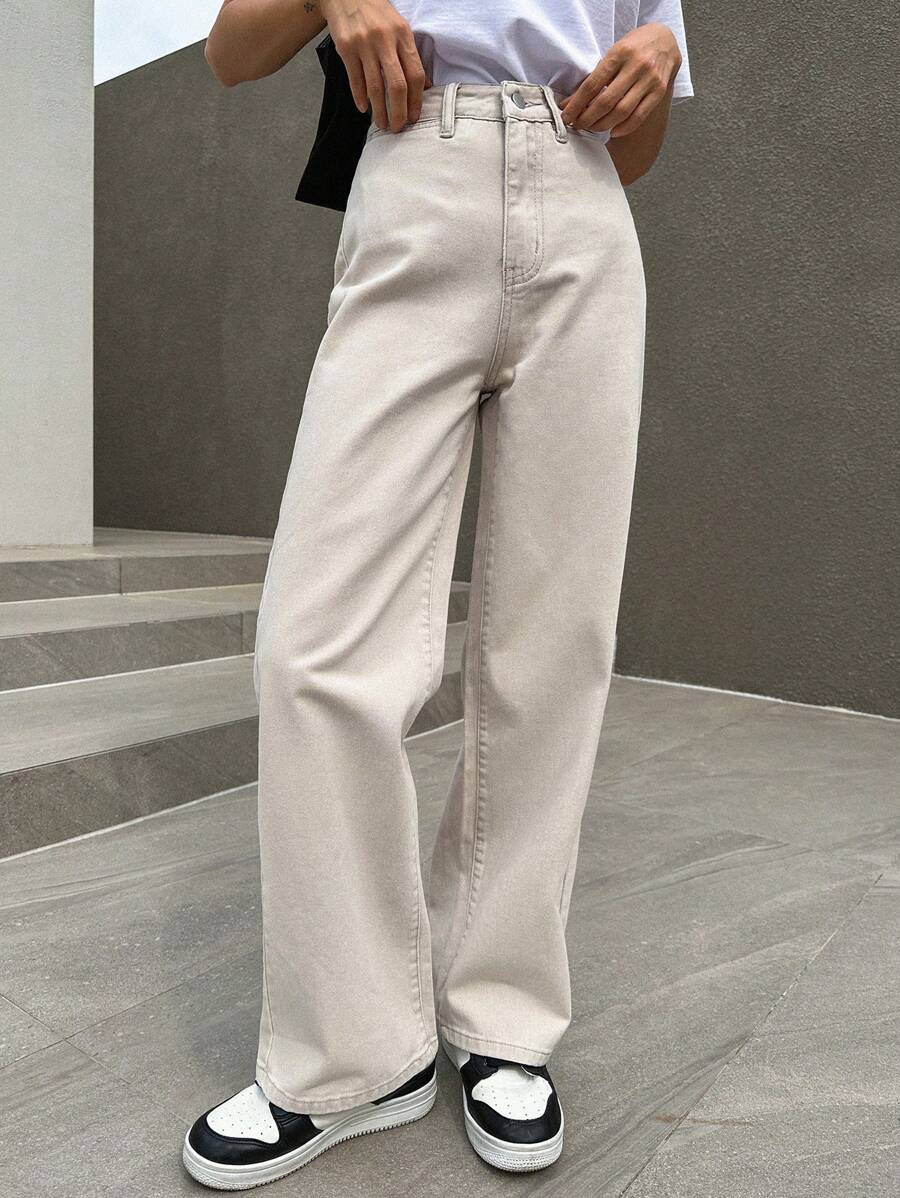 DAZY Solid Straight Leg Jeans - Beige - View 1