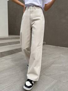 DAZY Solid Straight Leg Jeans - Beige - View 3