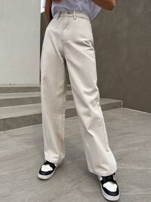 DAZY Solid Straight Leg Jeans - Beige - View 6