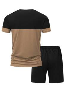 NITAGUT Men Letter Graphic Colorblock Tee & Drawstring Waist Shorts - Multicolor - View 2