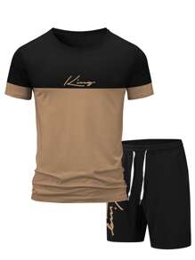 NITAGUT Men Letter Graphic Colorblock Tee & Drawstring Waist Shorts - Multicolor - View 5