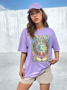 SHEIN EZwear 太陽和字母圖案落肩袖超大號T恤 - 紫丁香色 - 查看 5