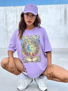 SHEIN EZwear 太陽和字母圖案落肩袖超大號T恤 - 紫丁香色 - 查看 6