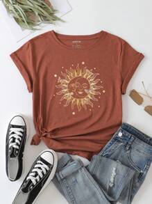SHEIN LUNE Sun & Moon Print Tee - Rust Brown - View 1