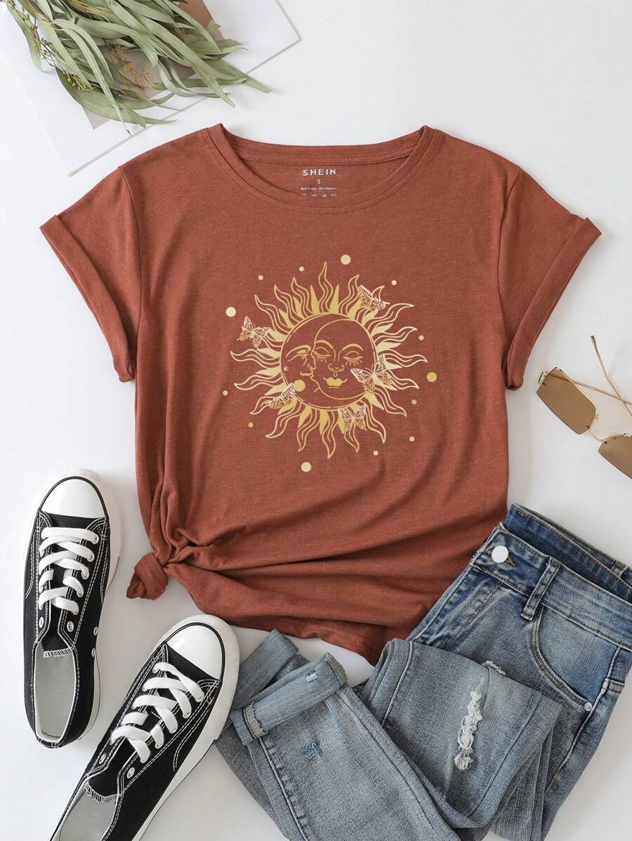 SHEIN LUNE Sun & Moon Print Tee - Rust Brown - View 1