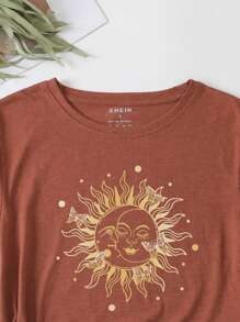 SHEIN LUNE Sun & Moon Print Tee - Rust Brown - View 3