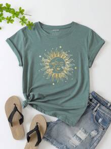 SHEIN LUNE Camiseta con estampado de sol y luna - Azul Cadete - Ver 1