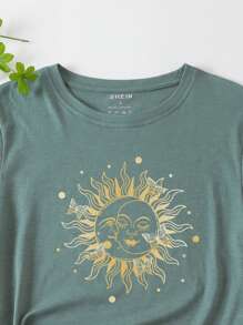 SHEIN LUNE Camiseta con estampado de sol y luna - Azul Cadete - Ver 3