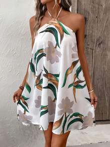 SHEIN VCAY Floral Print Halter Neck Backless Dress - White - View 1