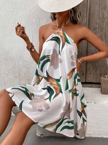 SHEIN VCAY Floral Print Halter Neck Backless Dress - White - View 6