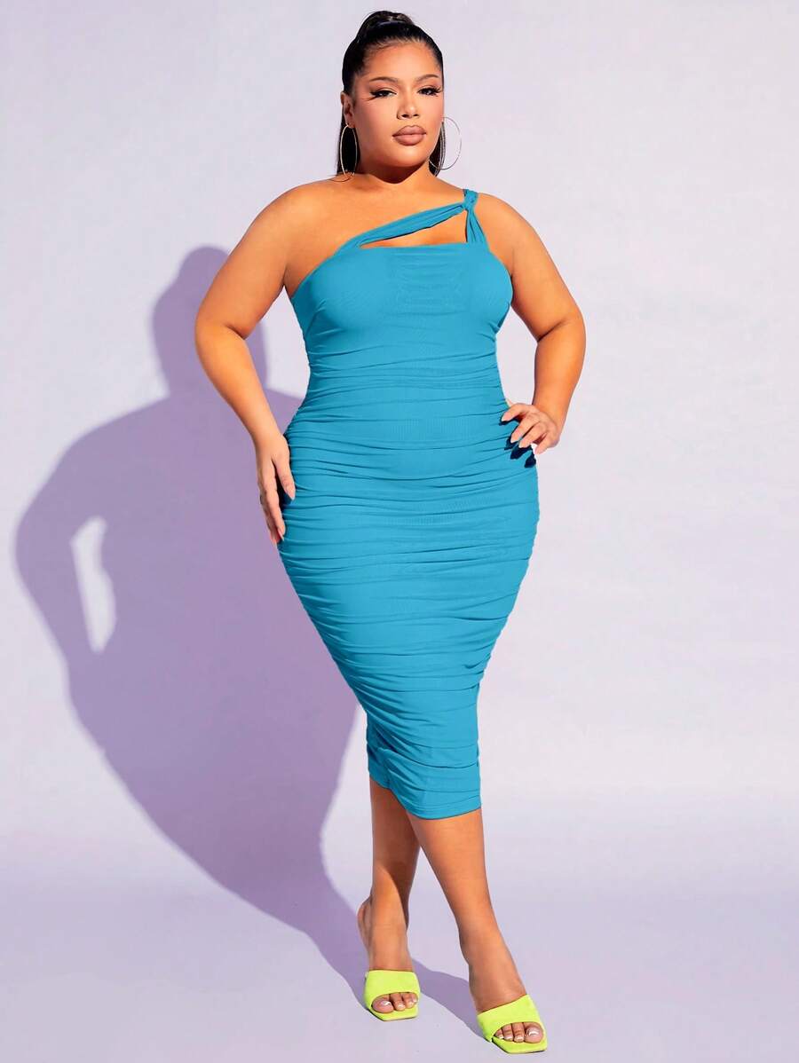 SHEIN SXY Đầm Plus Size Bất đối xứng Xù màu trơn Thanh lịch - Màu xanh bạc hà - Xem 1