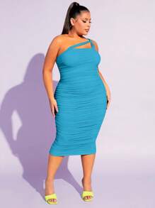 SHEIN SXY Đầm Plus Size Bất đối xứng Xù màu trơn Thanh lịch - Màu xanh bạc hà - Xem 3