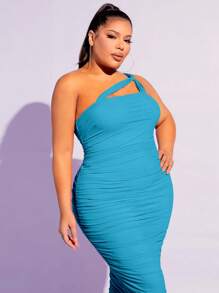 SHEIN SXY Đầm Plus Size Bất đối xứng Xù màu trơn Thanh lịch - Màu xanh bạc hà - Xem 5