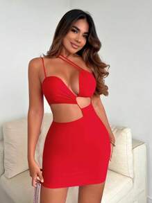 SHEIN SXY Đầm Lộ Lưng Cắt ra Xù màu trơn Gợi cảm - Đỏ - Xem 3