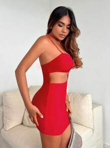 SHEIN SXY Đầm Lộ Lưng Cắt ra Xù màu trơn Gợi cảm - Đỏ - Xem 4