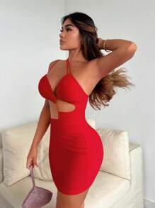 SHEIN SXY Đầm Lộ Lưng Cắt ra Xù màu trơn Gợi cảm - Đỏ - Xem 5