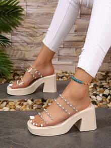 Giày Sandal Nữ Đính Đá Trang Trí Quai Đeo Trong Suốt, Giày Sandal Thời Trang Cao Gót Jelly Platform - Màu be - Xem 2