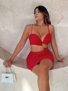 SHEIN SXY Đầm Lộ Lưng Cắt ra Xù màu trơn Gợi cảm - Đỏ - Xem 1