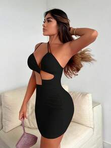 SHEIN SXY Đầm Cắt ra màu trơn Gợi cảm - màu đen - Xem 5