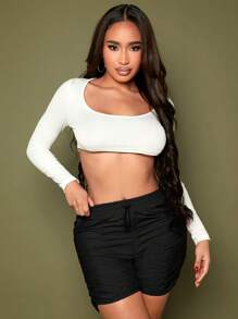 SHEIN SXY Drawstring Waist Ruched Shorts - Black - View 3