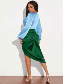 SHEIN SXY Two Tone Lantern Sleeve Ruched Split Thigh Satin Dress - Multicolor - View 2