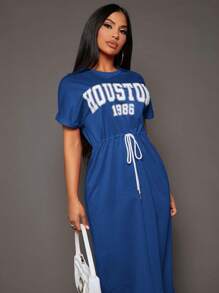 SHEIN SXY 字母圖案腰部抽繩連衣裙 - 寶藍色 - 查看 3