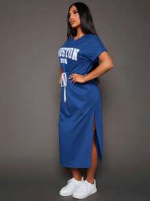 SHEIN SXY 字母圖案腰部抽繩連衣裙 - 寶藍色 - 查看 4
