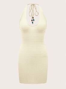 SHEIN ICON Tie Backless Halter Bodycon Dress - Beige - View 1