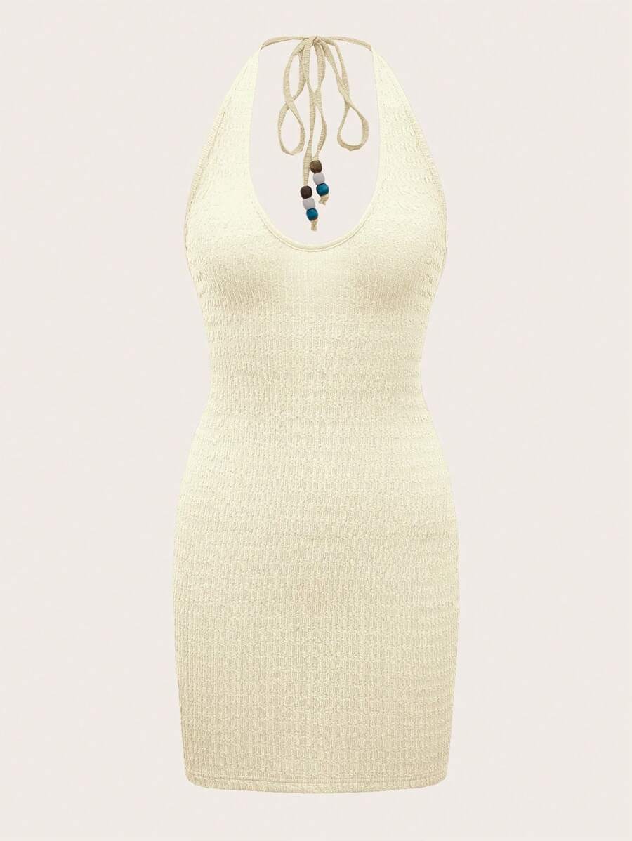 SHEIN ICON Tie Backless Halter Bodycon Dress - Beige - View 1