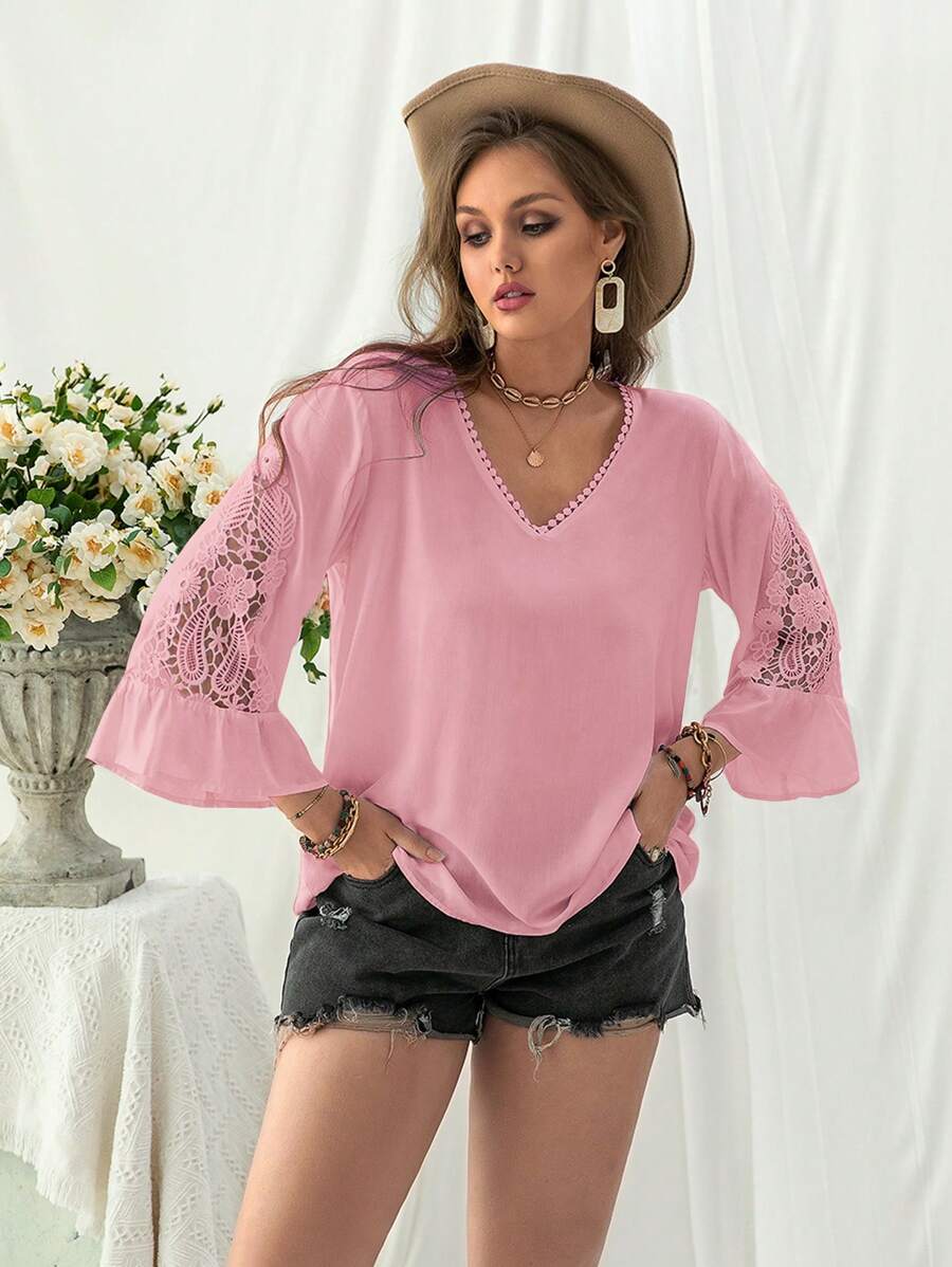 Rusttydustty 大码女士休闲蕾丝V领衬衫，波西米亚风，适合复活节海滩装扮，营造热带假日氛围，也适合夏威夷音乐节 - 粉色 - 查看 1