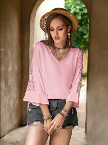 Rusttydustty 大码女士休闲蕾丝V领衬衫，波西米亚风，适合复活节海滩装扮，营造热带假日氛围，也适合夏威夷音乐节 - 粉色 - 查看 5