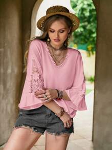 Rusttydustty 大码女士休闲蕾丝V领衬衫，波西米亚风，适合复活节海滩装扮，营造热带假日氛围，也适合夏威夷音乐节 - 粉色 - 查看 6