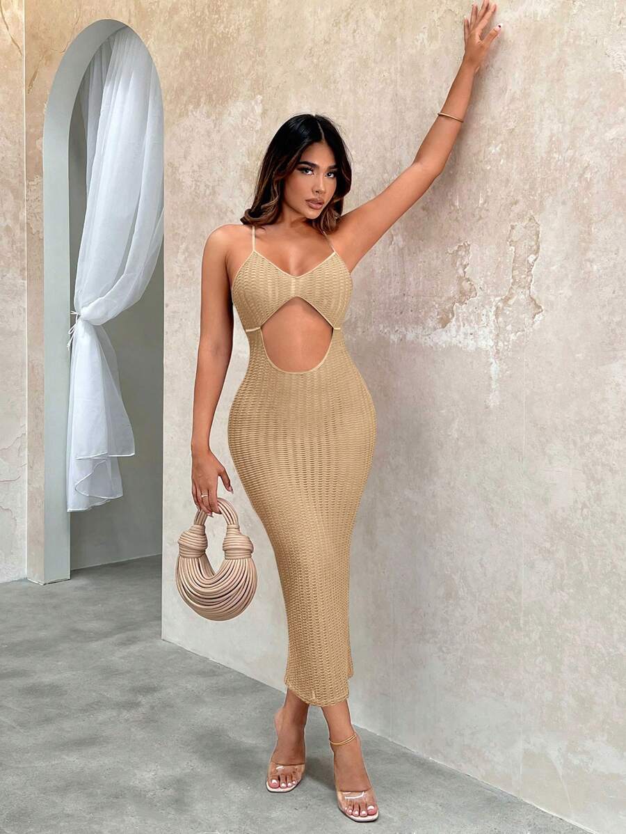 SHEIN SXY Cut Out Front Cami Bodycon Dress - Khaki - View 1