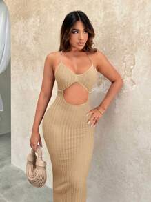SHEIN SXY Cut Out Front Cami Bodycon Dress - Khaki - View 3