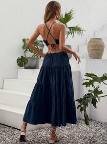 Breezaya Cut Out Tie Backless Ruffle Hem Cami Dress - Navy Blue - View 2
