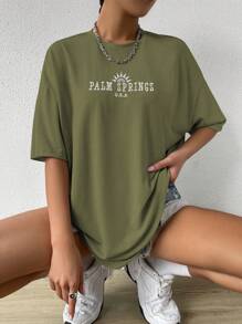 SHEIN Unity 字母圖案落肩T恤 - 軍綠色 - 查看 3