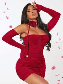 SHEIN SXY Đầm Lộ Lưng Xù Đề can màu trơn Thanh lịch - Màu Đỏ Sâu - Xem 1