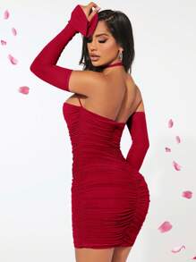 SHEIN SXY Đầm Lộ Lưng Xù Đề can màu trơn Thanh lịch - Màu Đỏ Sâu - Xem 2