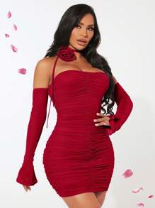 SHEIN SXY Đầm Lộ Lưng Xù Đề can màu trơn Thanh lịch - Màu Đỏ Sâu - Xem 4