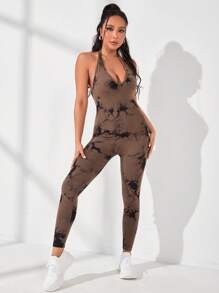 Yoga Trendy Tie Dye Backless Sports Jumpsuit - Coffee Brown - View 2