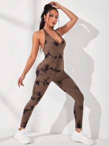 Yoga Trendy Tie Dye Backless Sports Jumpsuit - Coffee Brown - View 3