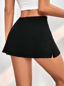 SHEIN PETITE Solid High Waist Mini Short Summer Skirt - Black - View 2