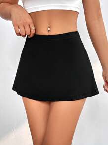 SHEIN PETITE Solid High Waist Mini Short Summer Skirt - Black - View 5