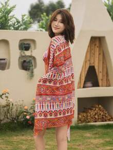 Allover Print Halter Triangle Bikini Set With Kimono - Multicolor - View 3