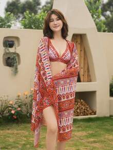 Allover Print Halter Triangle Bikini Set With Kimono - Multicolor - View 4