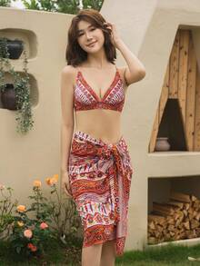 Allover Print Halter Triangle Bikini Set With Kimono - Multicolor - View 5
