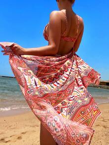 Allover Print Halter Triangle Bikini Set With Kimono - Multicolor - View 6