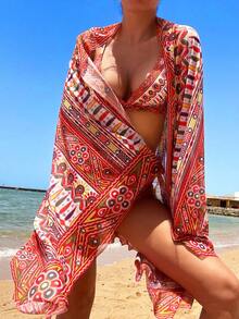 Allover Print Halter Triangle Bikini Set With Kimono - Multicolor - View 7