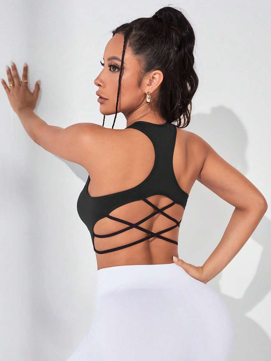 SHEIN Yoga Sxy Crisscross Backless Sports Tank Top - Black - View 1