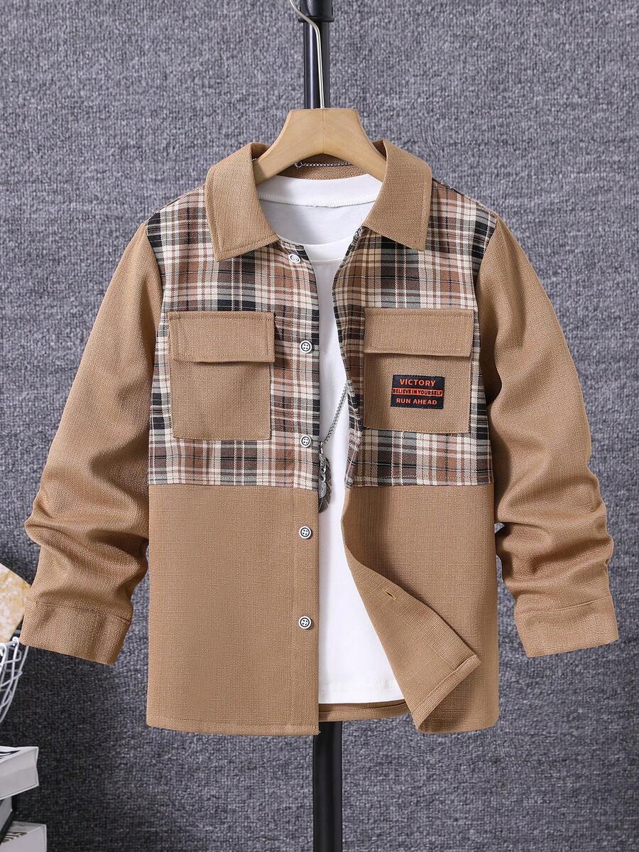 男孩格紋印花字母補丁細節翻蓋口袋襯衫不帶T恤